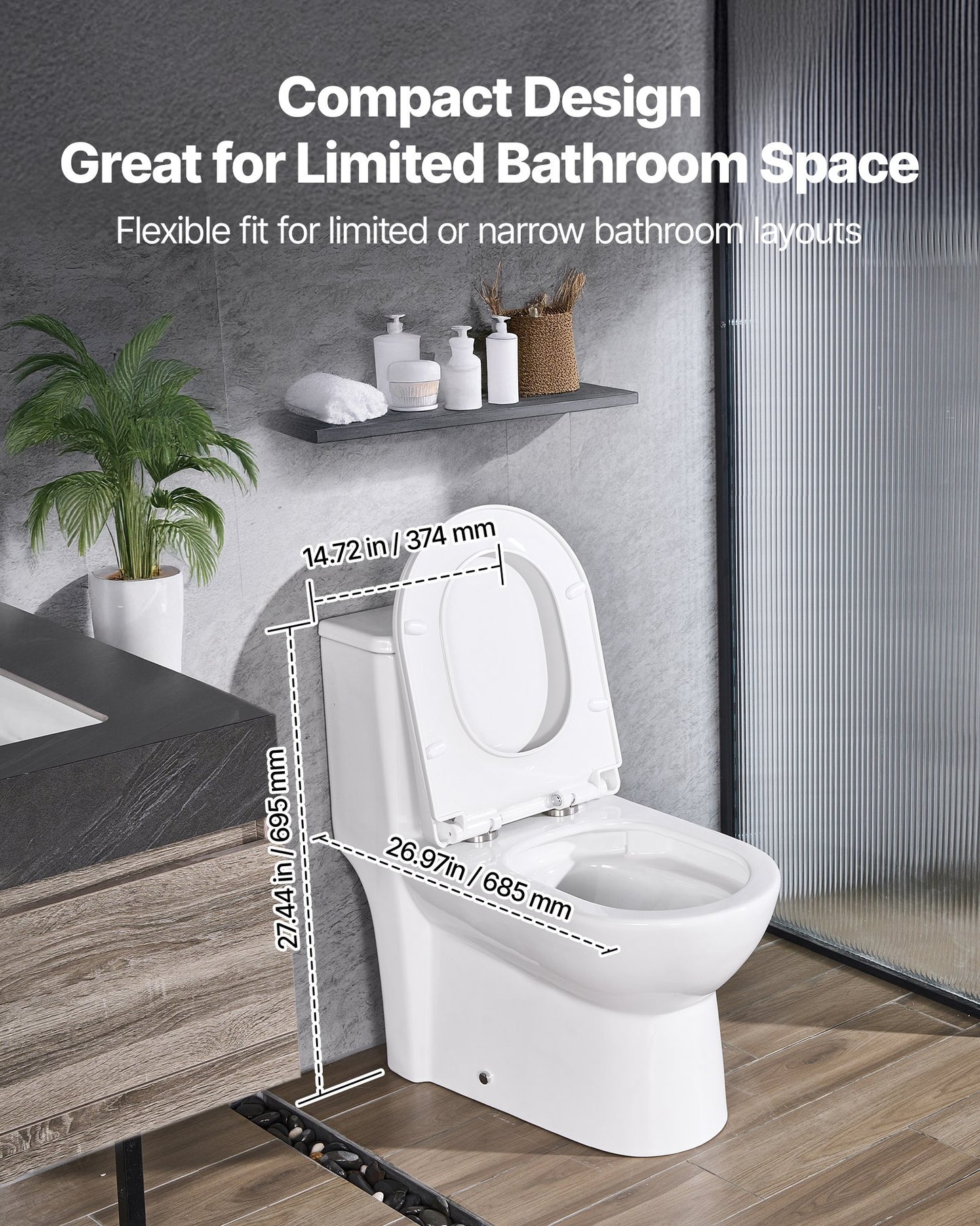 One-Piece Toilet, Elongated Toilet Vortex Dual-Flush 1.1/1.6 GPF, Toilets for Bathroom with Comfortable Chair Seat, 12 inch Rough-In, Black + White, Easy-Clean Skirted Design, Standard Height