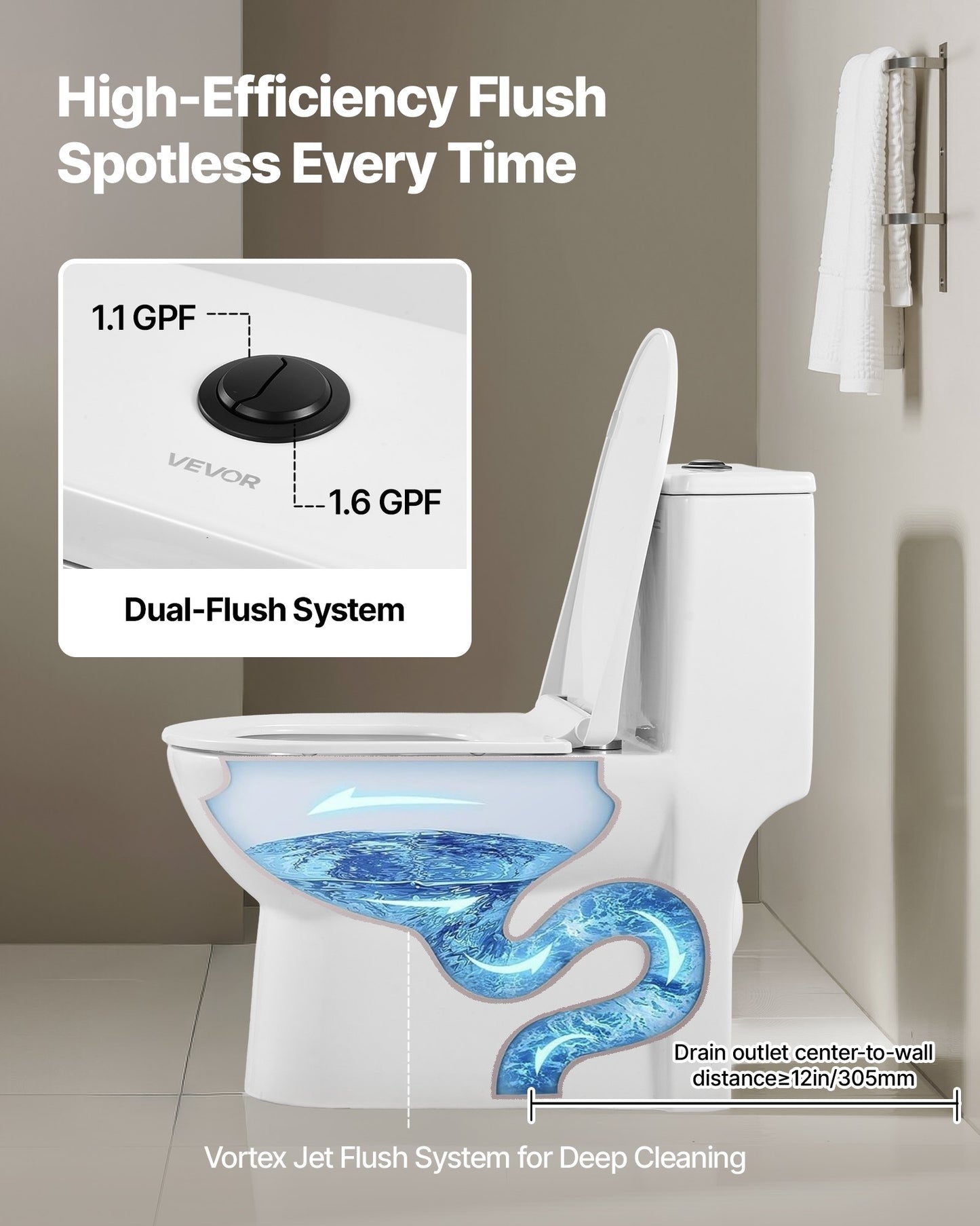 One-Piece Toilet, Elongated Toilet Vortex Dual-Flush 1.1/1.6 GPF, Toilets for Bathroom with Comfortable Chair Seat, 12 inch Rough-In, Black + White, Easy-Clean Skirted Design, Standard Height