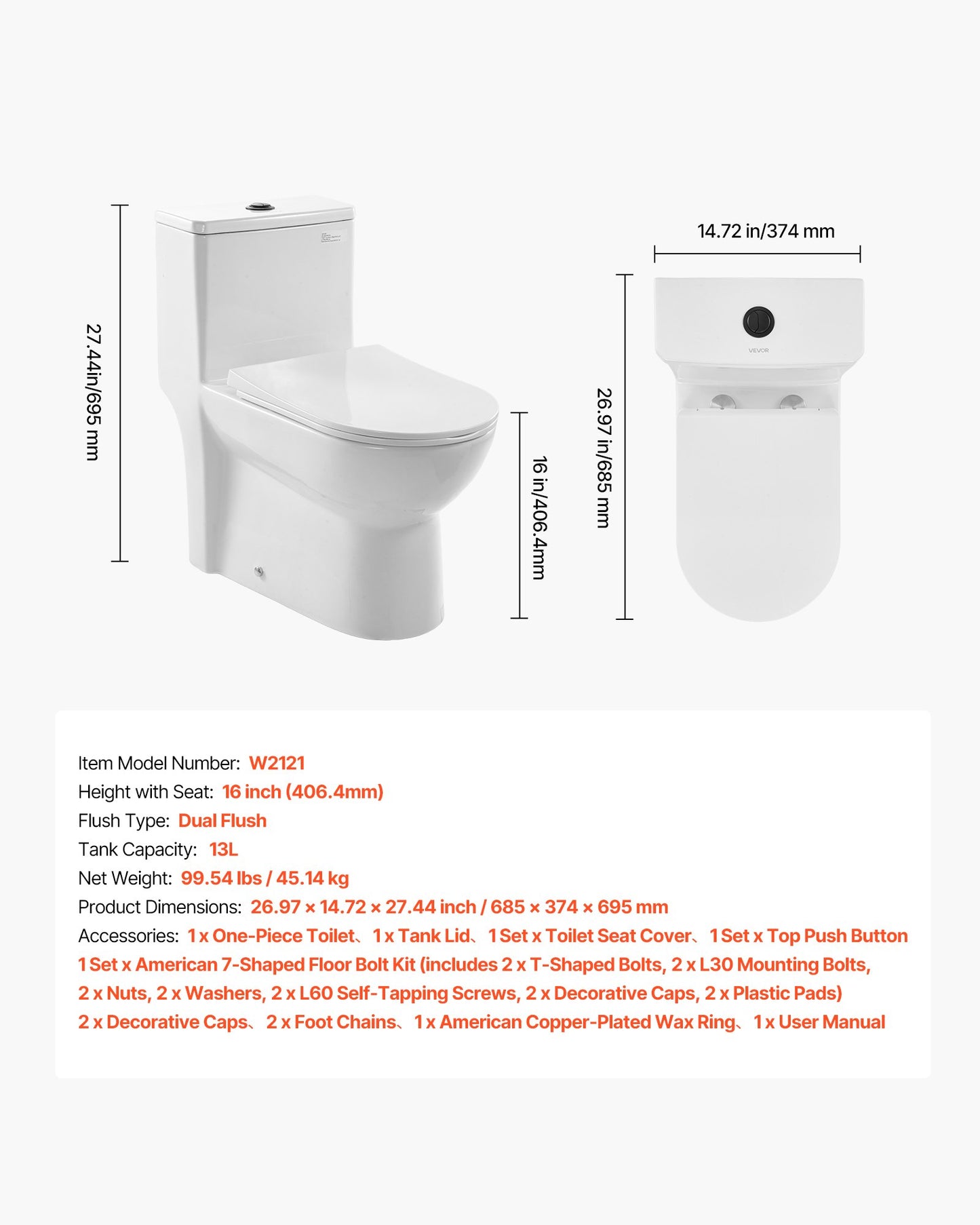 One-Piece Toilet, Elongated Toilet Vortex Dual-Flush 1.1/1.6 GPF, Toilets for Bathroom with Comfortable Chair Seat, 12 inch Rough-In, Black + White, Easy-Clean Skirted Design, Standard Height