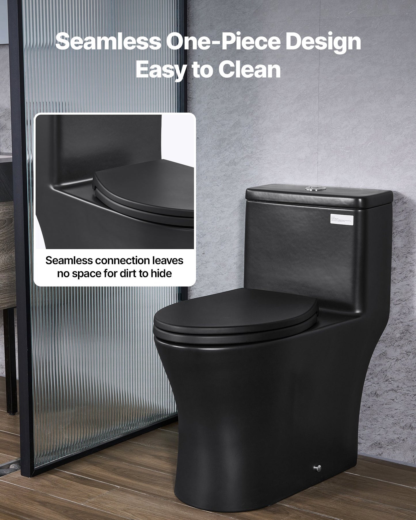 One-Piece Toilet, Elongated Toilet Vortex Dual-Flush 1.0/1.28 GPF, Toilets for Bathroom with Comfortable Chair Seat, Standard Height, Easy-Clean Skirted Design, 12 inch Rough-In, Black + Silver