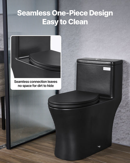One-Piece Toilet, Elongated Toilet Vortex Dual-Flush 1.0/1.28 GPF, Toilets for Bathroom with Comfortable Chair Seat, Standard Height, Easy-Clean Skirted Design, 12 inch Rough-In, Black + Silver