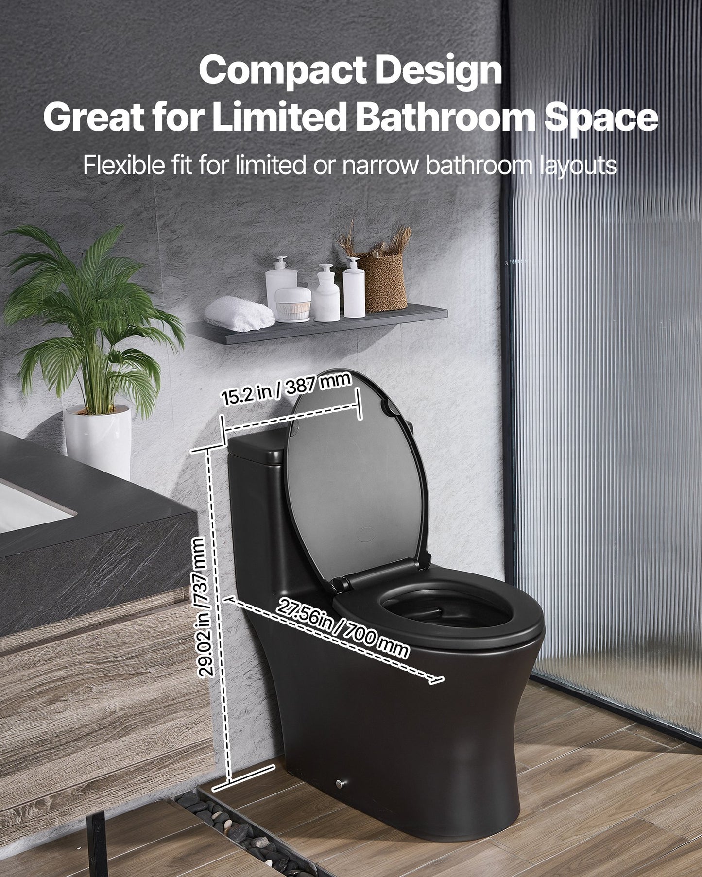 One-Piece Toilet, Elongated Toilet Vortex Dual-Flush 1.0/1.28 GPF, Toilets for Bathroom with Comfortable Chair Seat, Standard Height, Easy-Clean Skirted Design, 12 inch Rough-In, Black + Silver