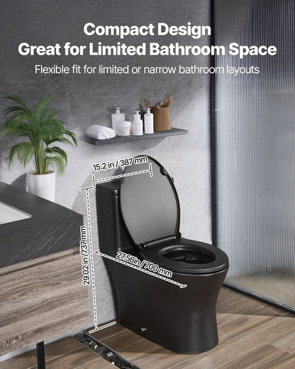 One-Piece Toilet, Elongated Toilet Vortex Dual-Flush 1.0/1.28 GPF, Toilets for Bathroom with Comfortable Chair Seat, Standard Height, Easy-Clean Skirted Design, 12 inch Rough-In, Black + Silver