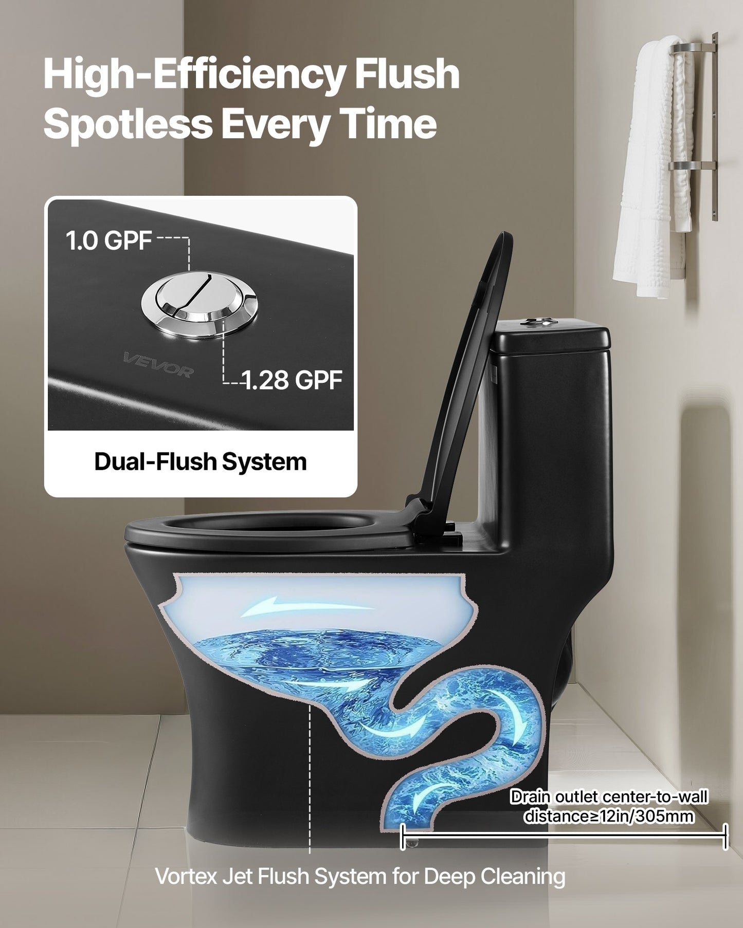 One-Piece Toilet, Elongated Toilet Vortex Dual-Flush 1.0/1.28 GPF, Toilets for Bathroom with Comfortable Chair Seat, Standard Height, Easy-Clean Skirted Design, 12 inch Rough-In, Black + Silver
