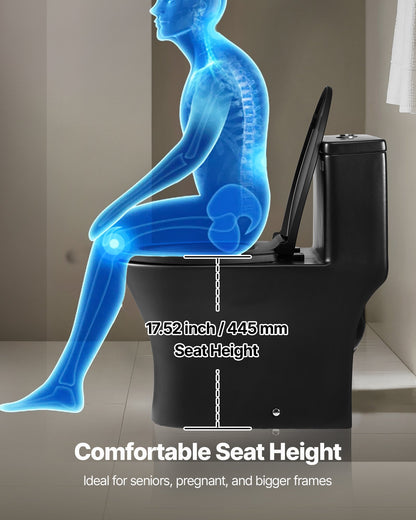 One-Piece Toilet, Elongated Toilet Vortex Dual-Flush 1.0/1.28 GPF, Toilets for Bathroom with Comfortable Chair Seat, Standard Height, Easy-Clean Skirted Design, 12 inch Rough-In, Black + Silver