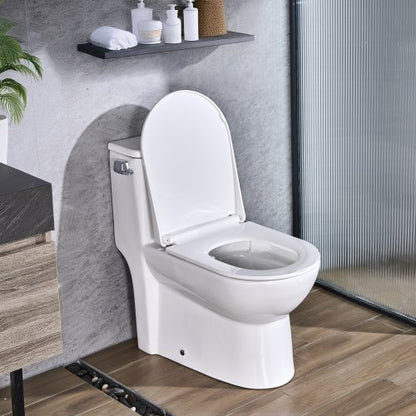 One-Piece Toilet, Elongated Toilet Vortex Left Flush 1.28 GPF, Toilets for Bathroom with Comfortable Chair Seat, Standard Height, Easy-Clean Skirted Design, 12 inch Rough-In, White + Silver