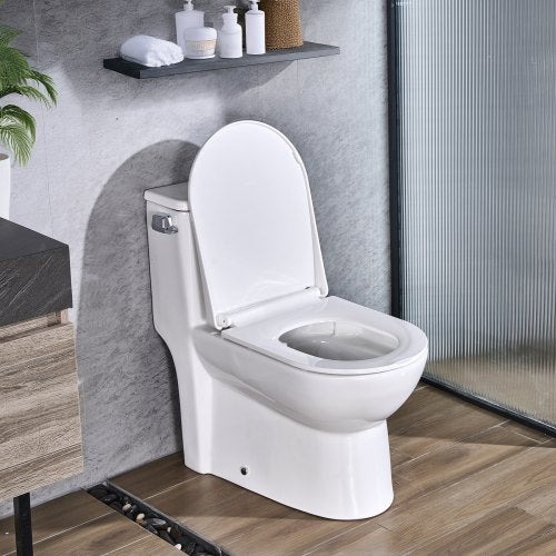 One-Piece Toilet, Elongated Toilet Vortex Left Flush 1.28 GPF, Toilets for Bathroom with Comfortable Chair Seat, Standard Height, Easy-Clean Skirted Design, 12 inch Rough-In, White + Silver