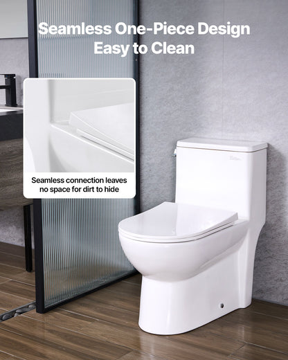 One-Piece Toilet, Elongated Toilet Vortex Left Flush 1.28 GPF, Toilets for Bathroom with Comfortable Chair Seat, Standard Height, Easy-Clean Skirted Design, 12 inch Rough-In, White + Silver