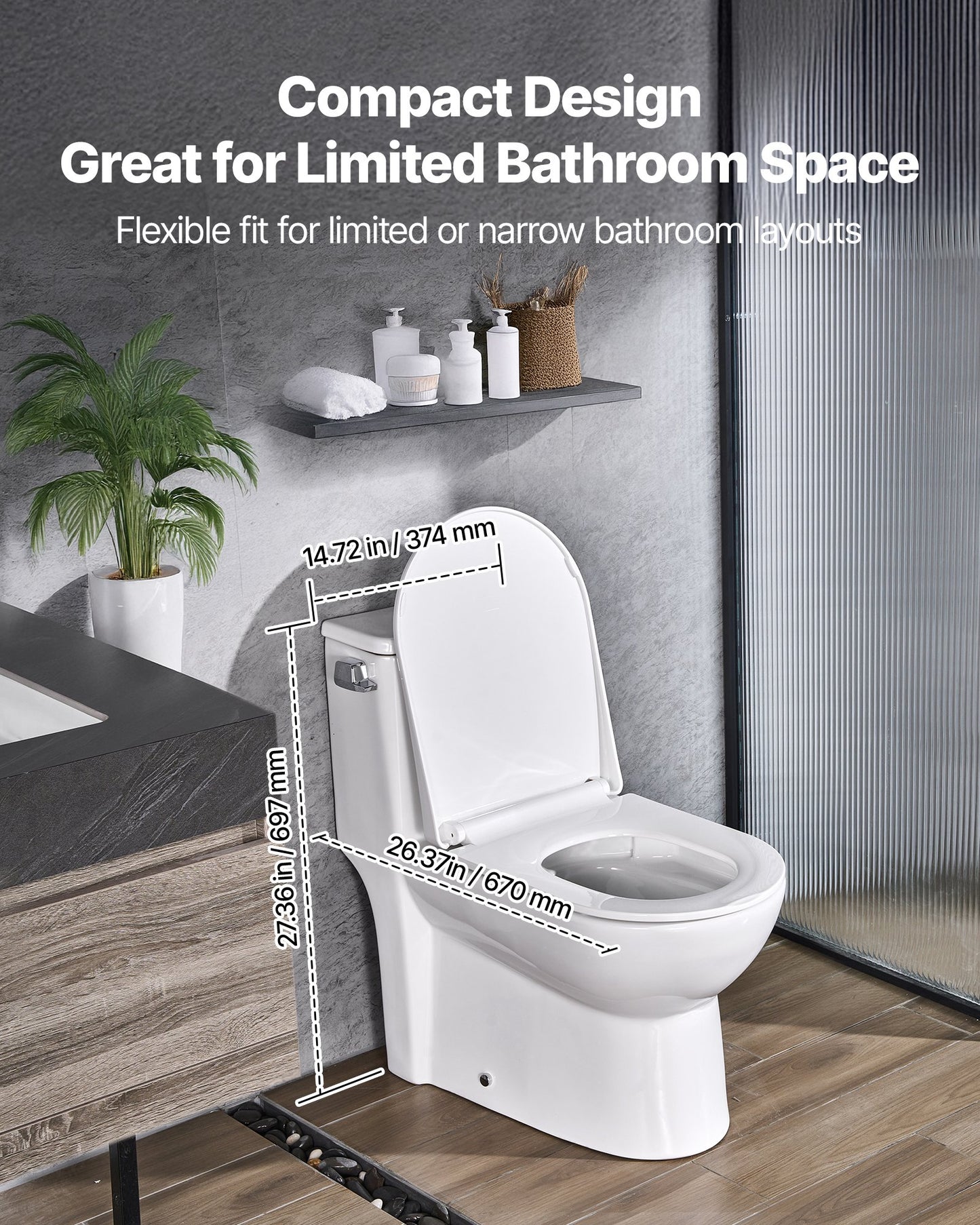 One-Piece Toilet, Elongated Toilet Vortex Left Flush 1.28 GPF, Toilets for Bathroom with Comfortable Chair Seat, Standard Height, Easy-Clean Skirted Design, 12 inch Rough-In, White + Silver