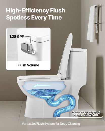 One-Piece Toilet, Elongated Toilet Vortex Left Flush 1.28 GPF, Toilets for Bathroom with Comfortable Chair Seat, Standard Height, Easy-Clean Skirted Design, 12 inch Rough-In, White + Silver