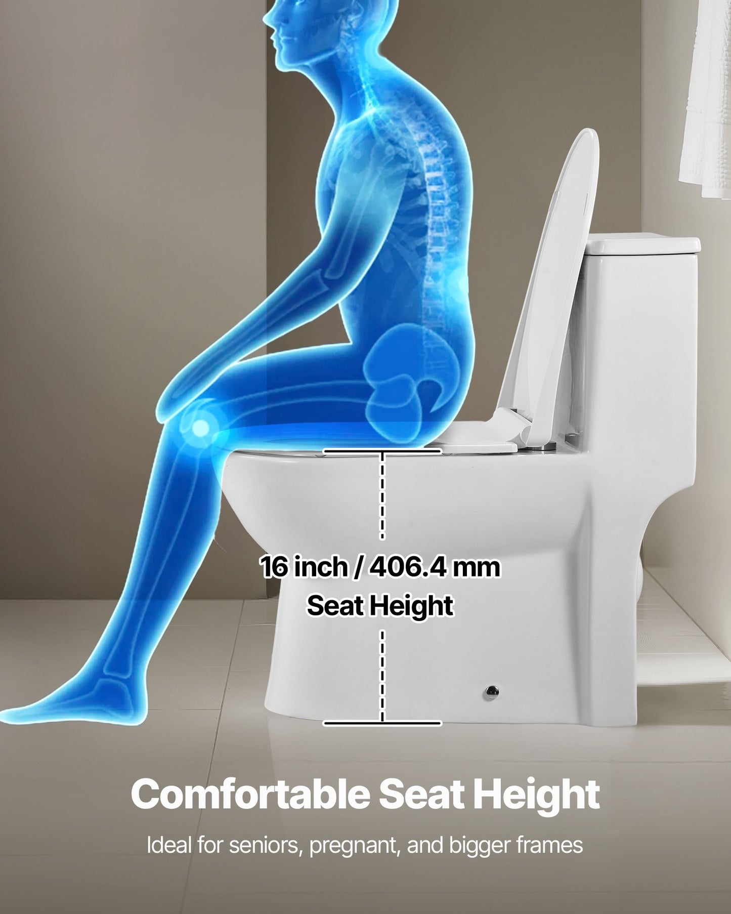 One-Piece Toilet, Elongated Toilet Vortex Left Flush 1.28 GPF, Toilets for Bathroom with Comfortable Chair Seat, Standard Height, Easy-Clean Skirted Design, 12 inch Rough-In, White + Silver
