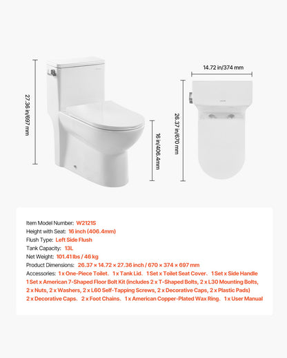 One-Piece Toilet, Elongated Toilet Vortex Left Flush 1.28 GPF, Toilets for Bathroom with Comfortable Chair Seat, Standard Height, Easy-Clean Skirted Design, 12 inch Rough-In, White + Silver