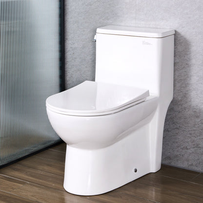 One-Piece Toilet, Elongated Toilet Vortex Left Flush 1.28 GPF, Toilets for Bathroom with Comfortable Chair Seat, Standard Height, Easy-Clean Skirted Design, 12 inch Rough-In, White + Silver