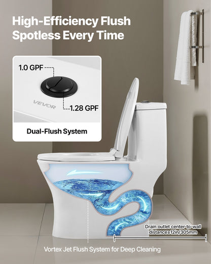 One-Piece Toilet, Elongated Toilet Vortex Dual-Flush 1.0/1.28 GPF, Toilets for Bathroom with Comfortable Chair Seat, Standard Height, Easy-Clean Skirted Design, 12 inch Rough-In, White + Black