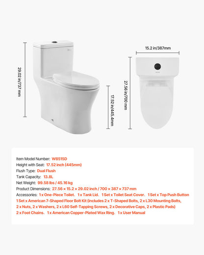 One-Piece Toilet, Elongated Toilet Vortex Dual-Flush 1.0/1.28 GPF, Toilets for Bathroom with Comfortable Chair Seat, Standard Height, Easy-Clean Skirted Design, 12 inch Rough-In, White + Black