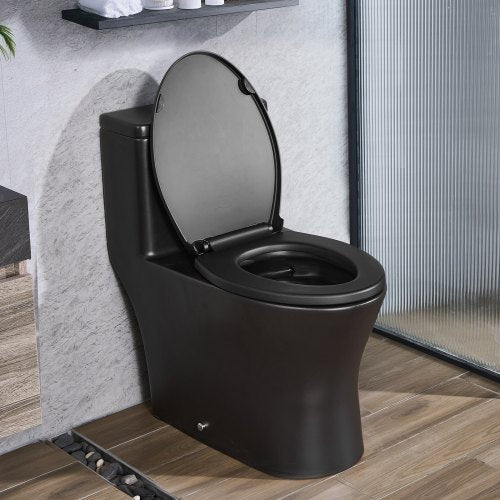 One-Piece Toilet, Elongated Toilet Vortex Dual-Flush 1.0/1.28 GPF, Toilets for Bathroom with Comfortable Chair Seat, Standard Height, Easy-Clean Skirted Design, 12″ Rough-In, Matte Black+ Black