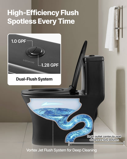 One-Piece Toilet, Elongated Toilet Vortex Dual-Flush 1.0/1.28 GPF, Toilets for Bathroom with Comfortable Chair Seat, Standard Height, Easy-Clean Skirted Design, 12″ Rough-In, Matte Black+ Black