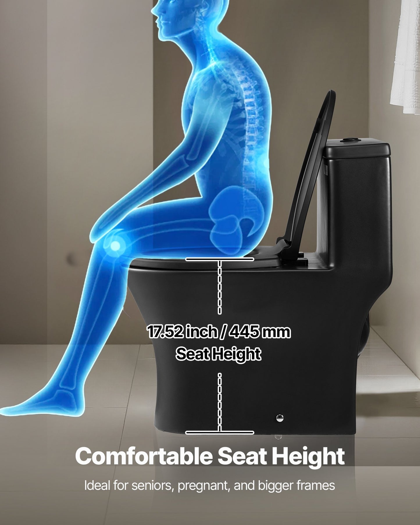 One-Piece Toilet, Elongated Toilet Vortex Dual-Flush 1.0/1.28 GPF, Toilets for Bathroom with Comfortable Chair Seat, Standard Height, Easy-Clean Skirted Design, 12″ Rough-In, Matte Black+ Black