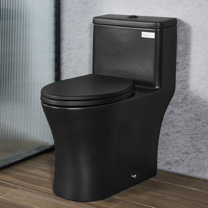 One-Piece Toilet, Elongated Toilet Vortex Dual-Flush 1.0/1.28 GPF, Toilets for Bathroom with Comfortable Chair Seat, Standard Height, Easy-Clean Skirted Design, 12″ Rough-In, Matte Black+ Black
