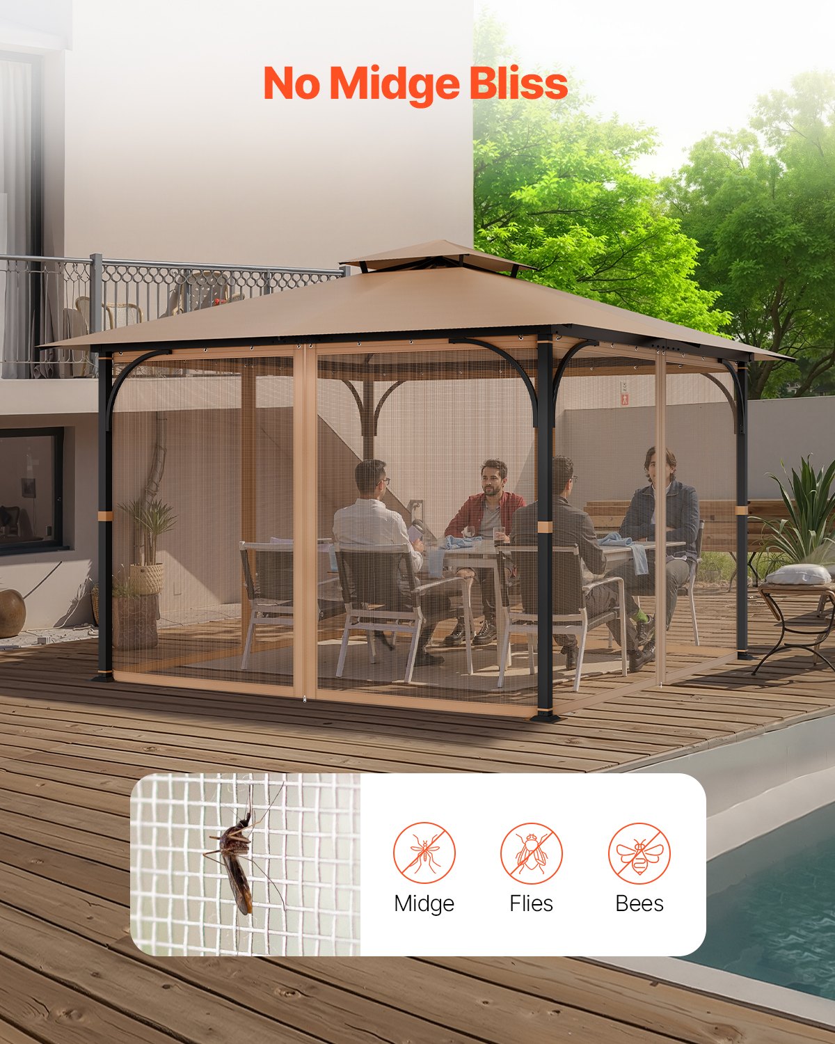 Gazebo Netting Replacement, Fit Most 10 x 10 x 7 FT Gazebo Curtain, Outdoor Garden Net, 4-Panel Sidewall Mesh Net, Patio Midge Netting with Double Zipper, Canopy Screen (Netting Only)