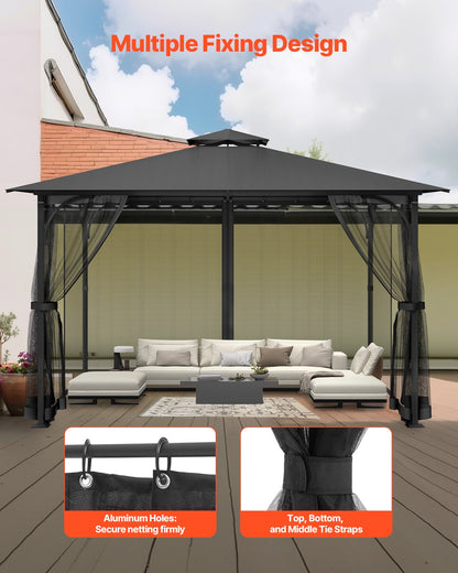 Gazebo Netting Replacement, Fit Most 10 x 13 x 6.8 FT Gazebo Curtain, Outdoor Garden Net, 4-Panel Sidewall Mesh Net, Patio Midge Netting with Double Zipper, Canopy Screen (Netting Only)