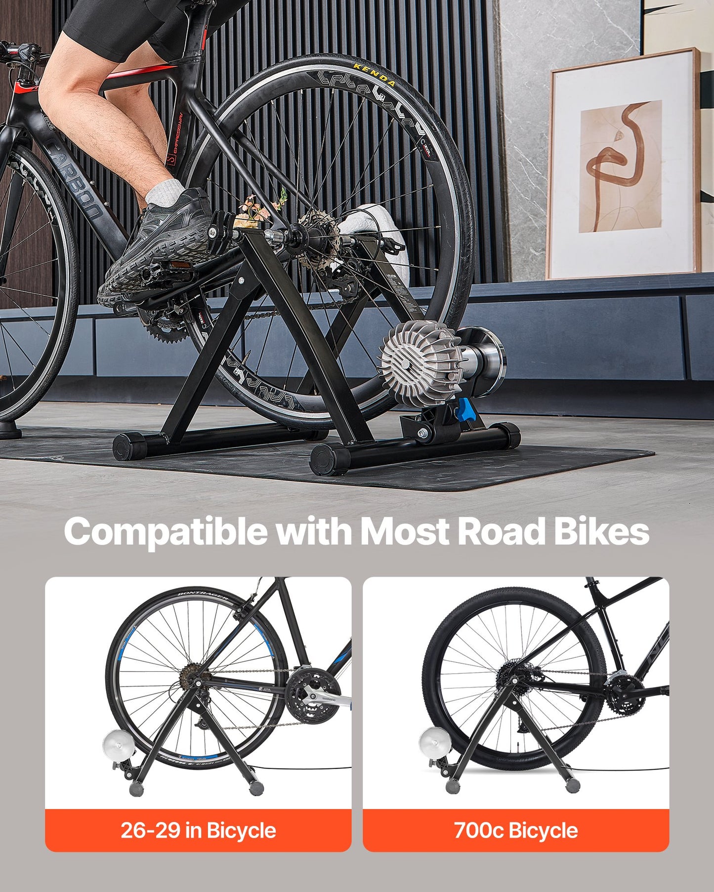 Bike Trainer, 26-29 Inch & 700C Wheels, Foldable Fluid Bicycle Stationary Trainer Stand for Indoor Exercise Riding with Quick Release Skewer & Front Wheel Riser Block, Fits Road Bikes, Black