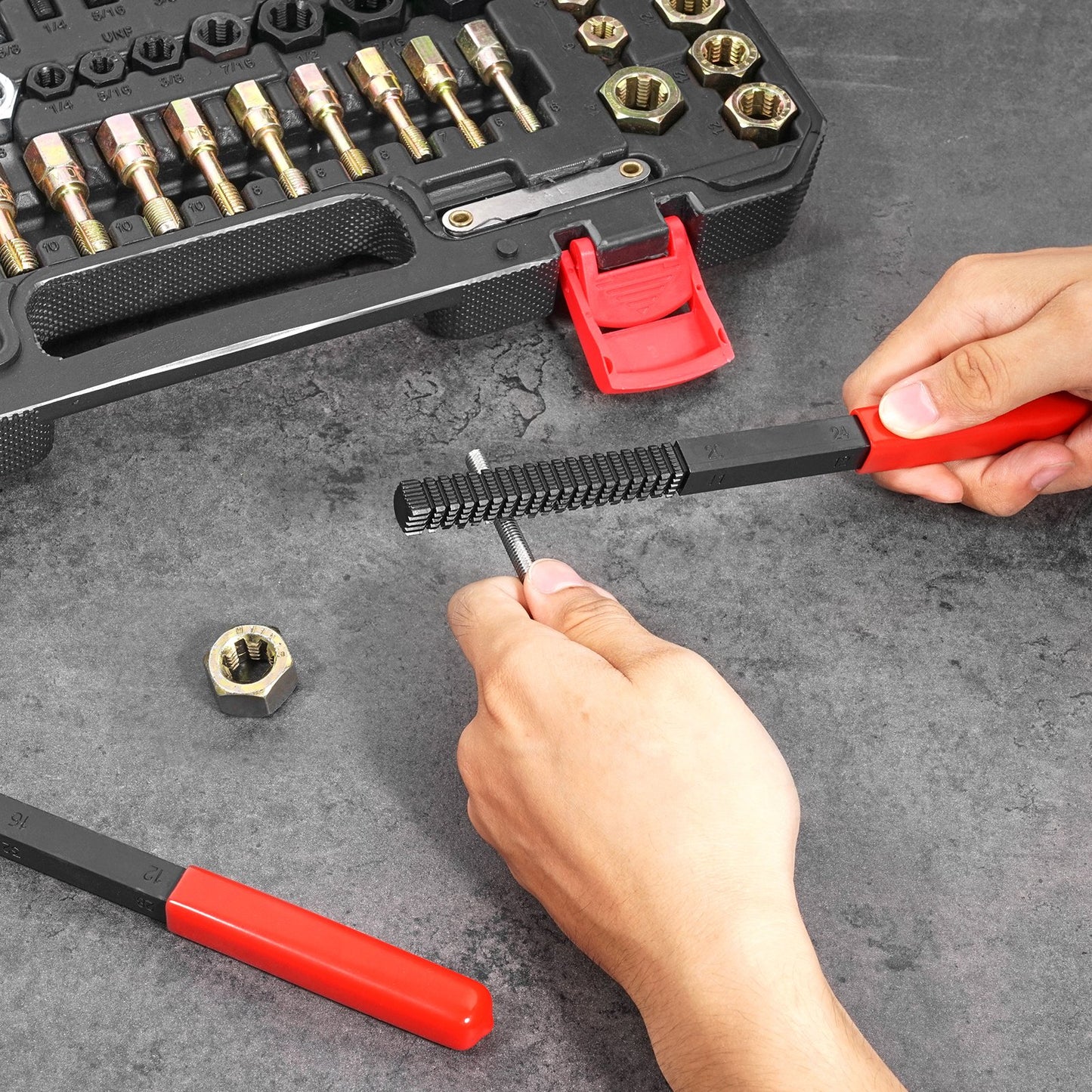 61-Piece Thread Chaser Set, UNC UNF and Metric Thread Restorer Tool, Rethreading Tool Kit with 28 Taps 28 Dies 3 Thread Files Storage Case, Heat Treated Steel, for Mechanics DIY Enthusiasts
