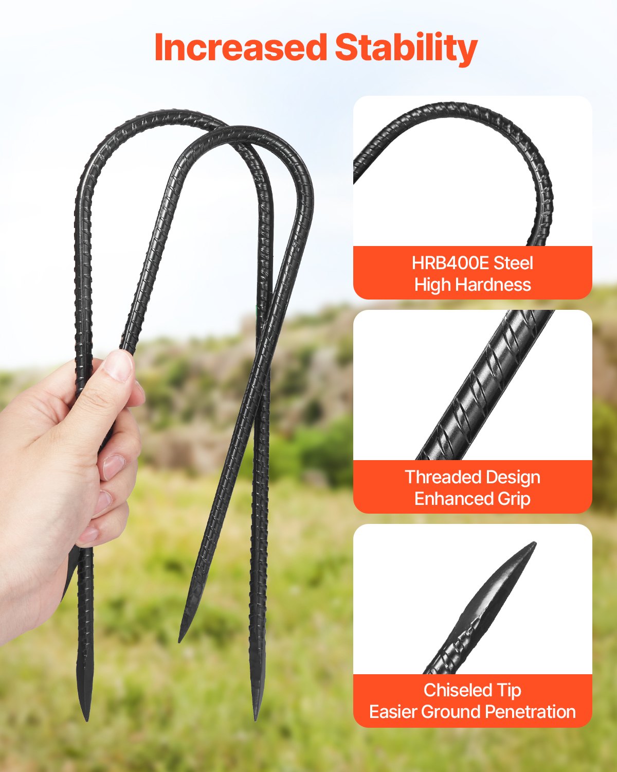 Rebar Stakes, 12-Inch, Heavy-Duty 0.32 in Diameter U Shape, Galvanized Steel Ground Anchors with Chisel Point End & Rust-Resistant Coating, for Gardening Support, Fence, Camping Tents (8-Pack)