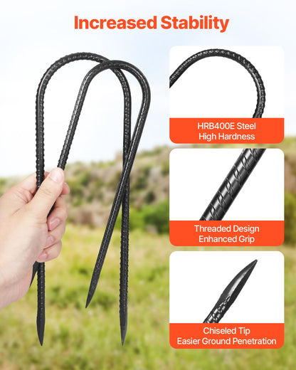 Rebar Stakes, 12-Inch, Heavy-Duty 0.32 in Diameter U Shape, Galvanized Steel Ground Anchors with Chisel Point End & Rust-Resistant Coating, for Gardening Support, Fence, Camping Tents (8-Pack)