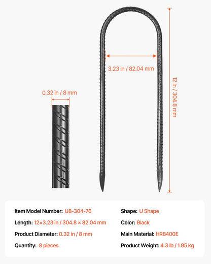 Rebar Stakes, 12-Inch, Heavy-Duty 0.32 in Diameter U Shape, Galvanized Steel Ground Anchors with Chisel Point End & Rust-Resistant Coating, for Gardening Support, Fence, Camping Tents (8-Pack)