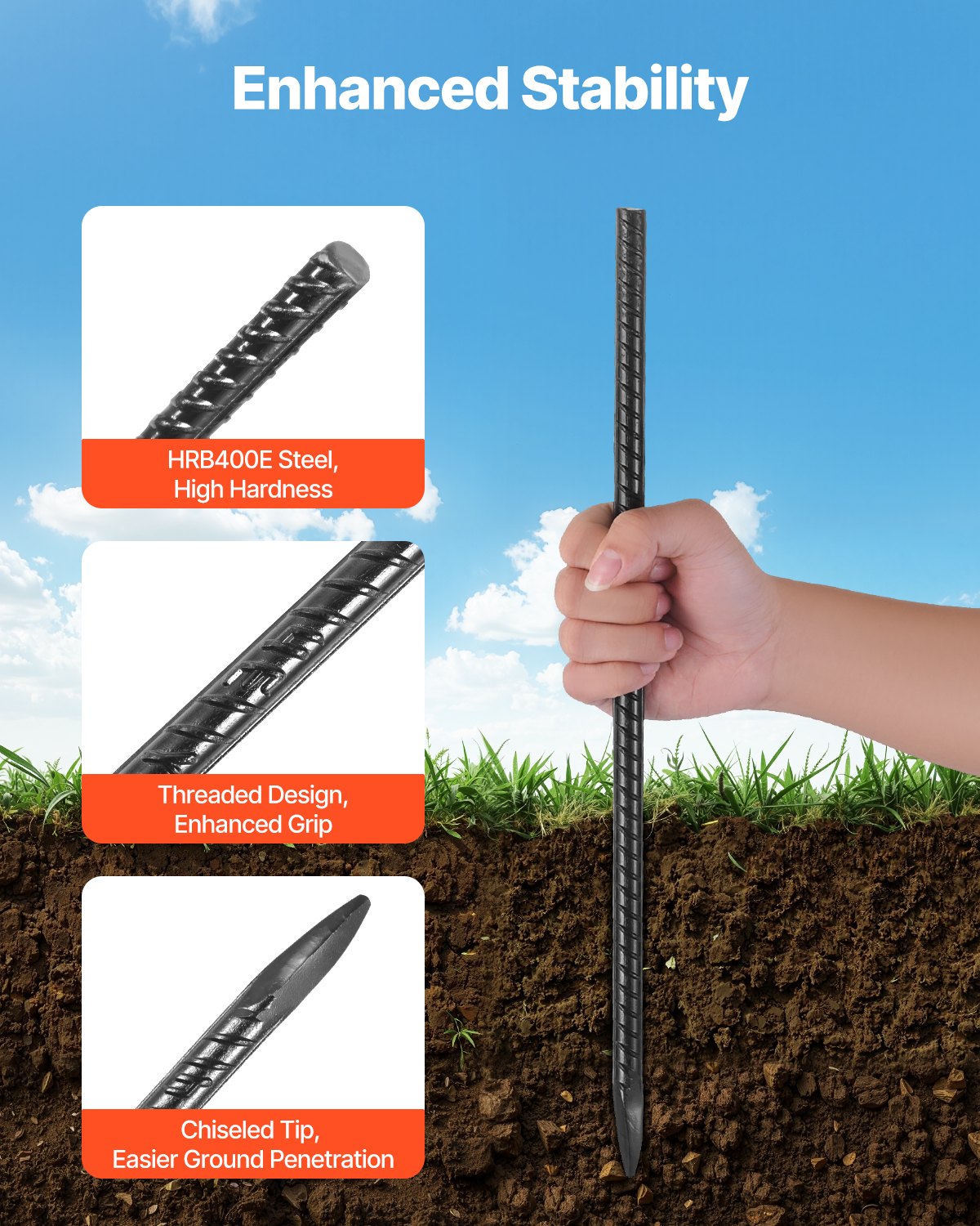 Rebar Stakes, 16-Inch, Heavy-Duty 0.45 in Diameter, Straight Galvanized Steel Ground Anchors with Chisel Point End & Rust-Resistant Coating, for Gardening Support, Fence, Camping Tents (16-Pack)