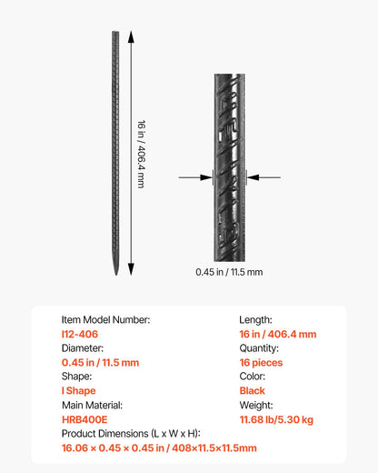 Rebar Stakes, 16-Inch, Heavy-Duty 0.45 in Diameter, Straight Galvanized Steel Ground Anchors with Chisel Point End & Rust-Resistant Coating, for Gardening Support, Fence, Camping Tents (16-Pack)