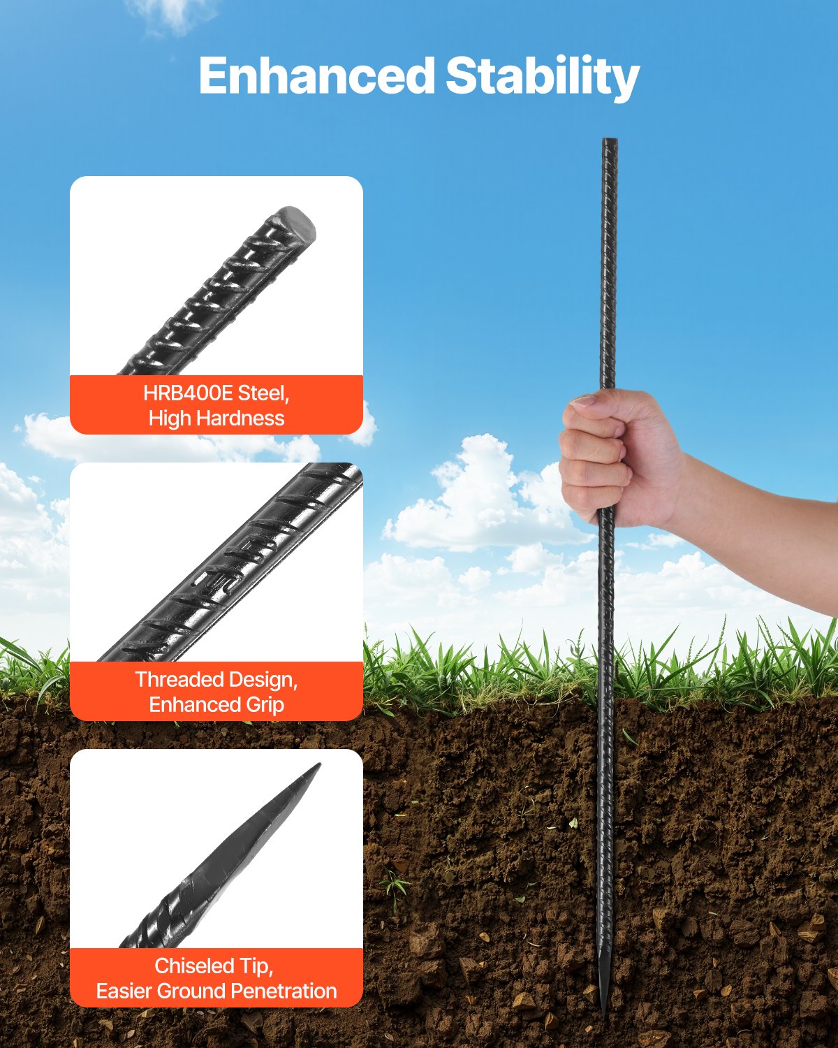 Rebar Stakes, 24-Inch, Heavy-Duty 0.47 in Diameter, Straight Galvanized Steel Ground Anchors with Chisel Point End & Rust-Resistant Coating, for Gardening Support, Fence, Camping Tents (20-Pack)