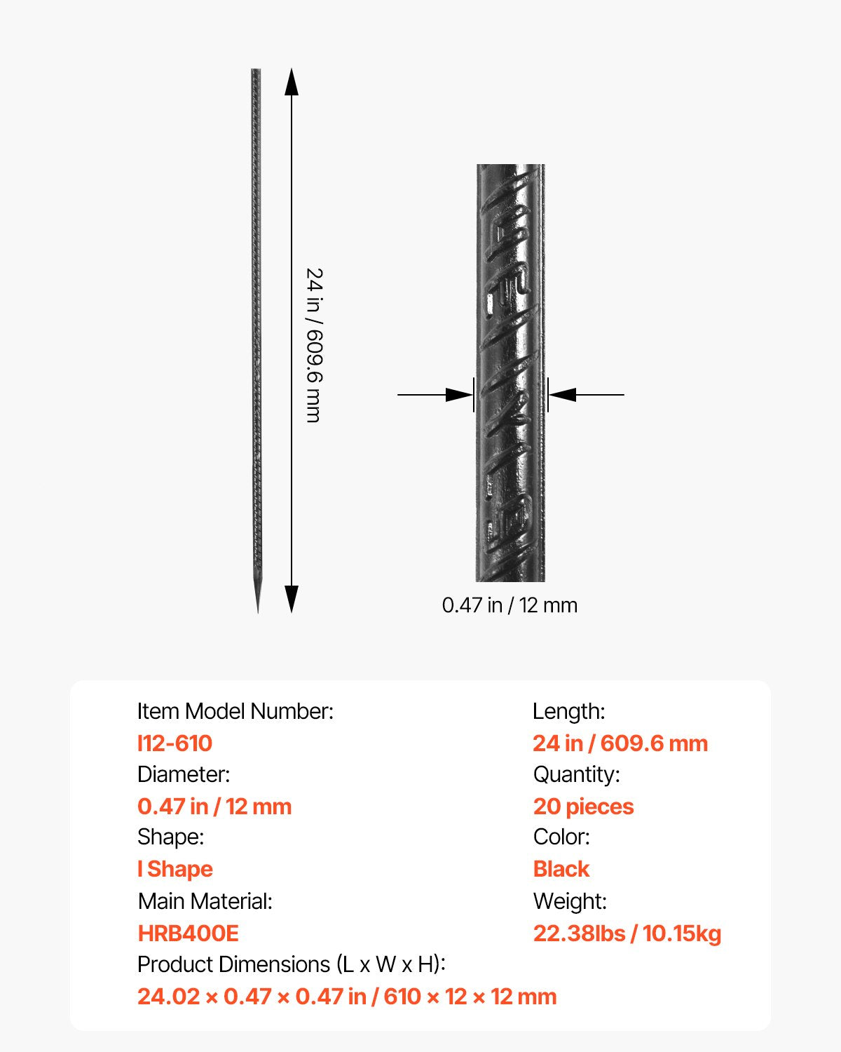 Rebar Stakes, 24-Inch, Heavy-Duty 0.47 in Diameter, Straight Galvanized Steel Ground Anchors with Chisel Point End & Rust-Resistant Coating, for Gardening Support, Fence, Camping Tents (20-Pack)