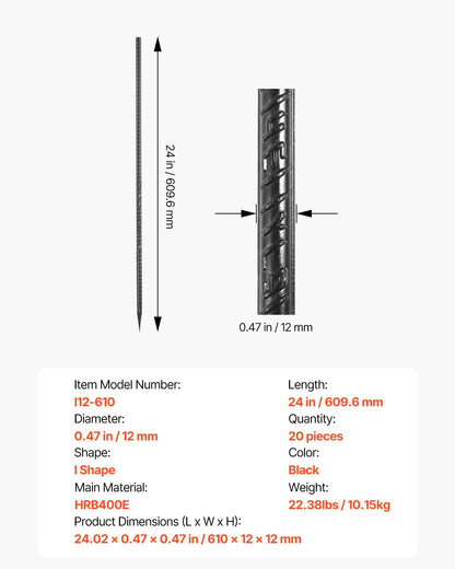 Rebar Stakes, 24-Inch, Heavy-Duty 0.47 in Diameter, Straight Galvanized Steel Ground Anchors with Chisel Point End & Rust-Resistant Coating, for Gardening Support, Fence, Camping Tents (20-Pack)