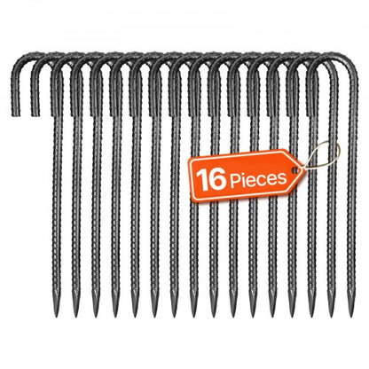 Rebar Stakes, 12-Inch, Heavy-Duty 0.4 in Diameter J Hook, Galvanized Steel Ground Anchors with Chisel Point End & Rust-Resistant Coating, for Gardening Support, Fence, Camping Tents (16-Pack)