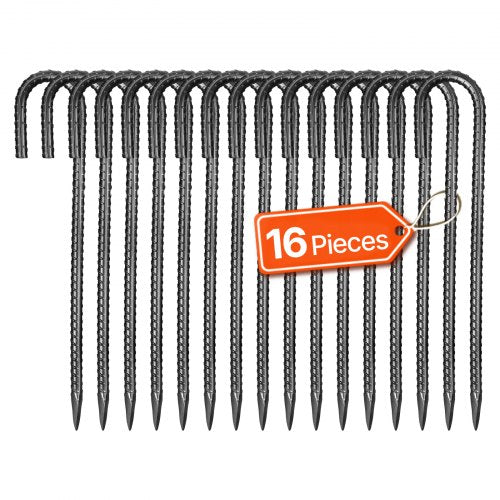Rebar Stakes, 12-Inch, Heavy-Duty 0.4 in Diameter J Hook, Galvanized Steel Ground Anchors with Chisel Point End & Rust-Resistant Coating, for Gardening Support, Fence, Camping Tents (16-Pack)