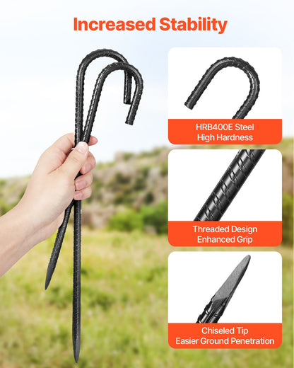 Rebar Stakes, 12-Inch, Heavy-Duty 0.4 in Diameter J Hook, Galvanized Steel Ground Anchors with Chisel Point End & Rust-Resistant Coating, for Gardening Support, Fence, Camping Tents (16-Pack)