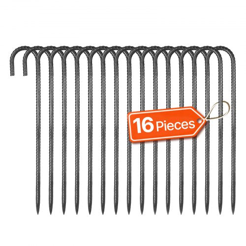 Rebar Stakes, 16-Inch, Heavy-Duty 0.4 in Diameter J Hook, Galvanized Steel Ground Anchors with Chisel Point End & Rust-Resistant Coating, for Gardening Support, Fence, Camping Tents (16-Pack)