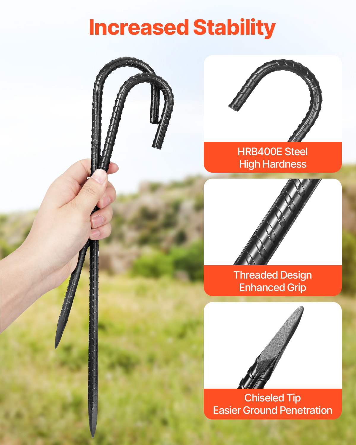 Rebar Stakes, 16-Inch, Heavy-Duty 0.4 in Diameter J Hook, Galvanized Steel Ground Anchors with Chisel Point End & Rust-Resistant Coating, for Gardening Support, Fence, Camping Tents (16-Pack)