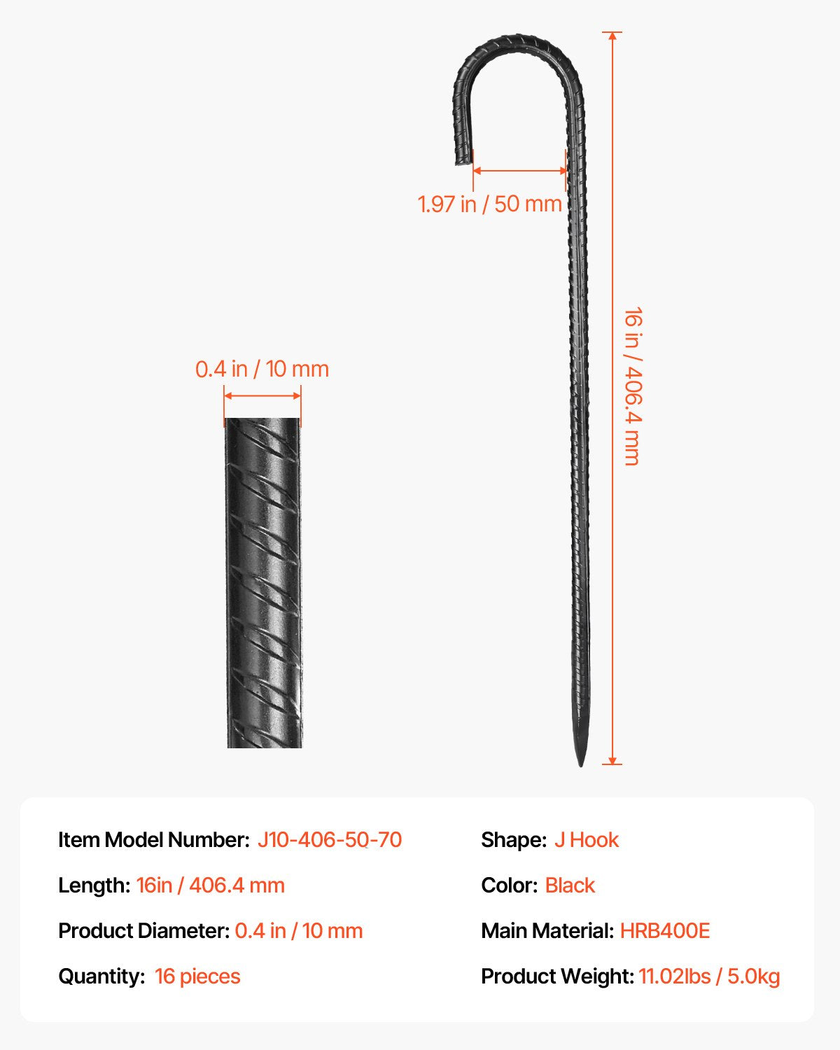 Rebar Stakes, 16-Inch, Heavy-Duty 0.4 in Diameter J Hook, Galvanized Steel Ground Anchors with Chisel Point End & Rust-Resistant Coating, for Gardening Support, Fence, Camping Tents (16-Pack)