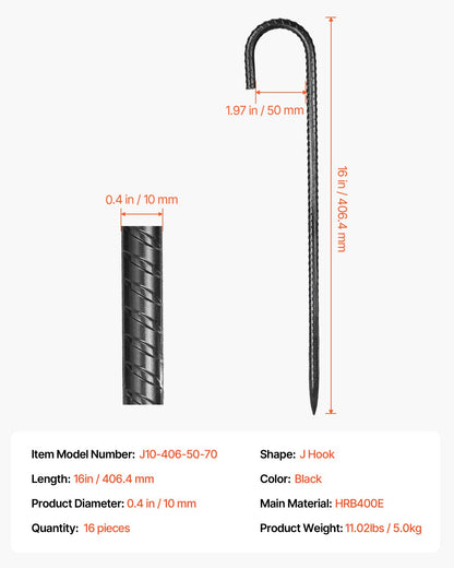 Rebar Stakes, 16-Inch, Heavy-Duty 0.4 in Diameter J Hook, Galvanized Steel Ground Anchors with Chisel Point End & Rust-Resistant Coating, for Gardening Support, Fence, Camping Tents (16-Pack)