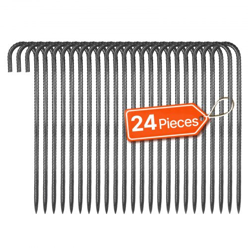 Rebar Stakes, 16-Inch, Heavy-Duty 0.4 in Diameter J Hook, Galvanized Steel Ground Anchors with Chisel Point End & Rust-Resistant Coating, for Gardening Support, Fence, Camping Tents (24-Pack)
