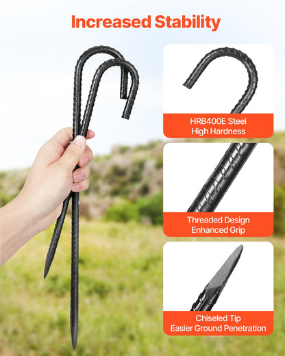 Rebar Stakes, 16-Inch, Heavy-Duty 0.4 in Diameter J Hook, Galvanized Steel Ground Anchors with Chisel Point End & Rust-Resistant Coating, for Gardening Support, Fence, Camping Tents (24-Pack)