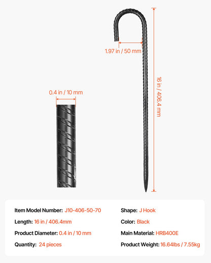 Rebar Stakes, 16-Inch, Heavy-Duty 0.4 in Diameter J Hook, Galvanized Steel Ground Anchors with Chisel Point End & Rust-Resistant Coating, for Gardening Support, Fence, Camping Tents (24-Pack)