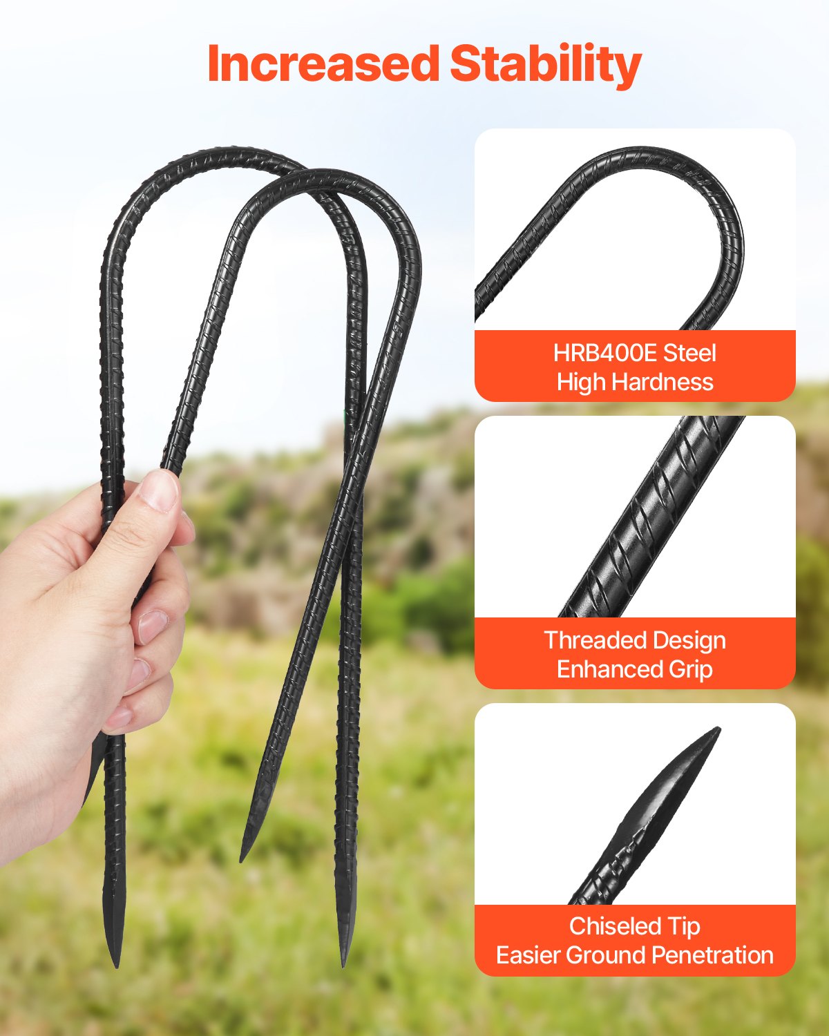 Rebar Stakes, 10-Inch, Heavy-Duty 0.32 in Diameter U Shape, Galvanized Steel Ground Anchors with Chisel Point End & Rust-Resistant Coating, for Gardening Support, Fence, Camping Tents (12-Pack)