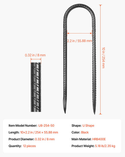 Rebar Stakes, 10-Inch, Heavy-Duty 0.32 in Diameter U Shape, Galvanized Steel Ground Anchors with Chisel Point End & Rust-Resistant Coating, for Gardening Support, Fence, Camping Tents (12-Pack)