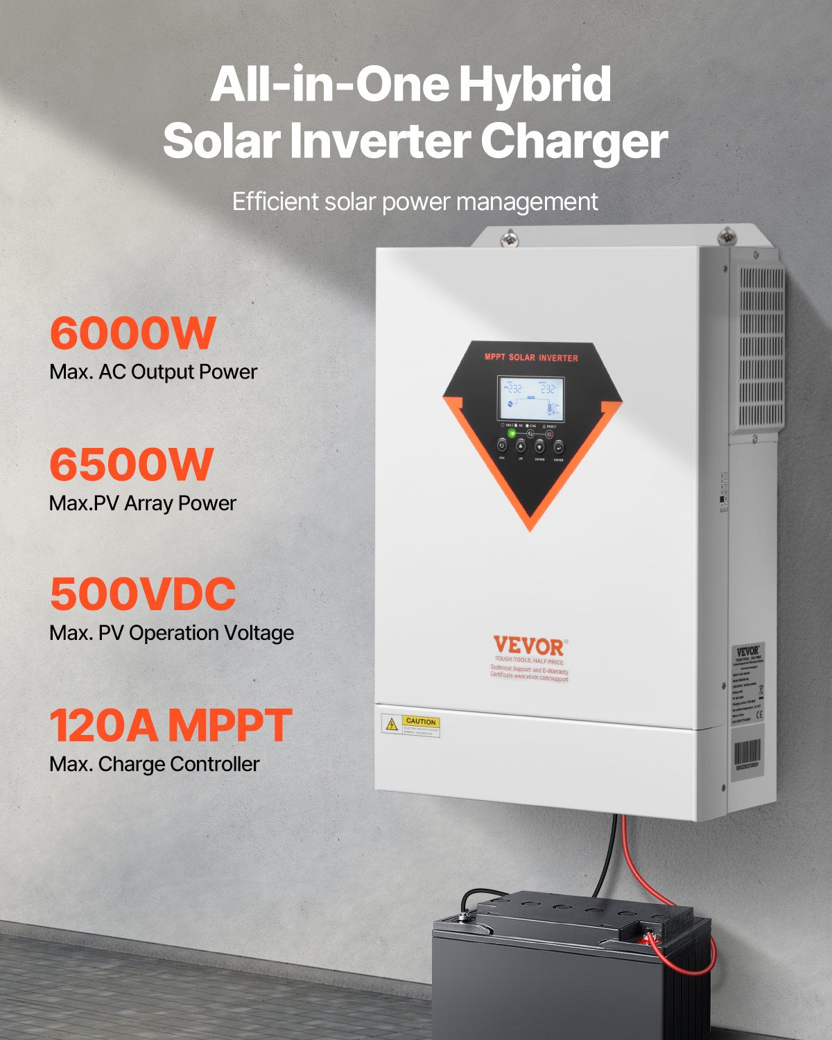 Hybrid-Solarwechselrichter mit Ladegerät, 6000 W, 220/230 V, WLAN, integrierter 120-A-MPPT-Controller