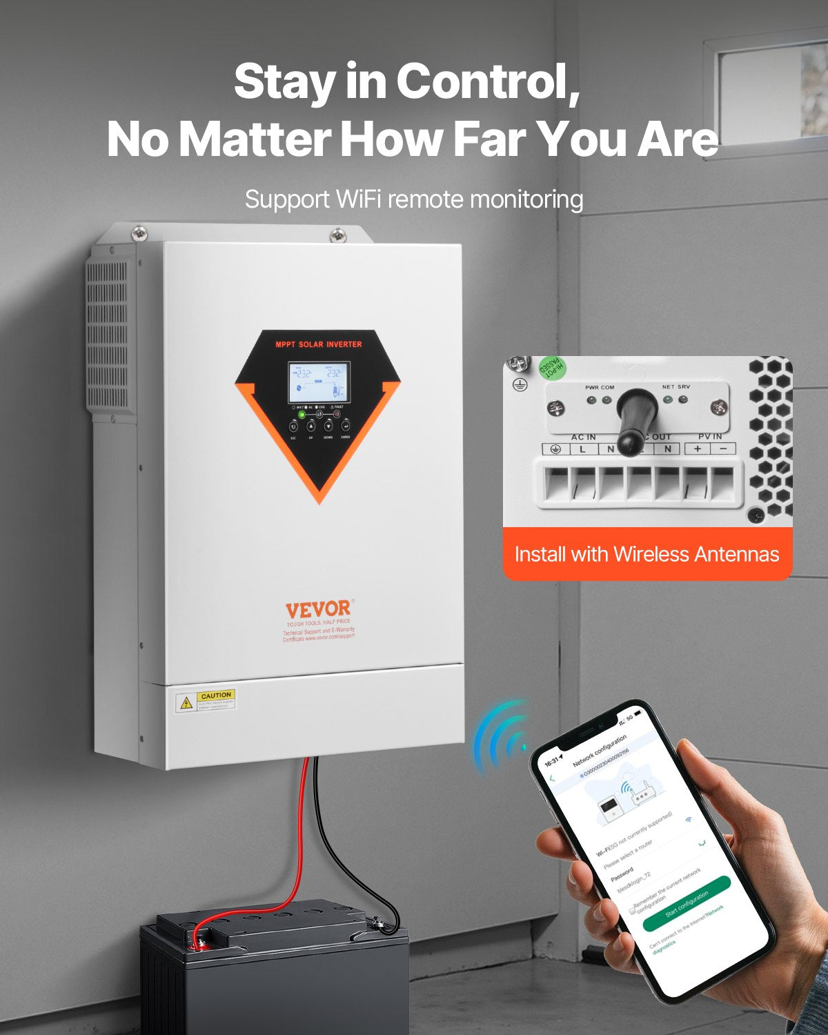 Hybrid-Solarwechselrichter mit Ladegerät, 6000 W, 220/230 V, WLAN, integrierter 120-A-MPPT-Controller