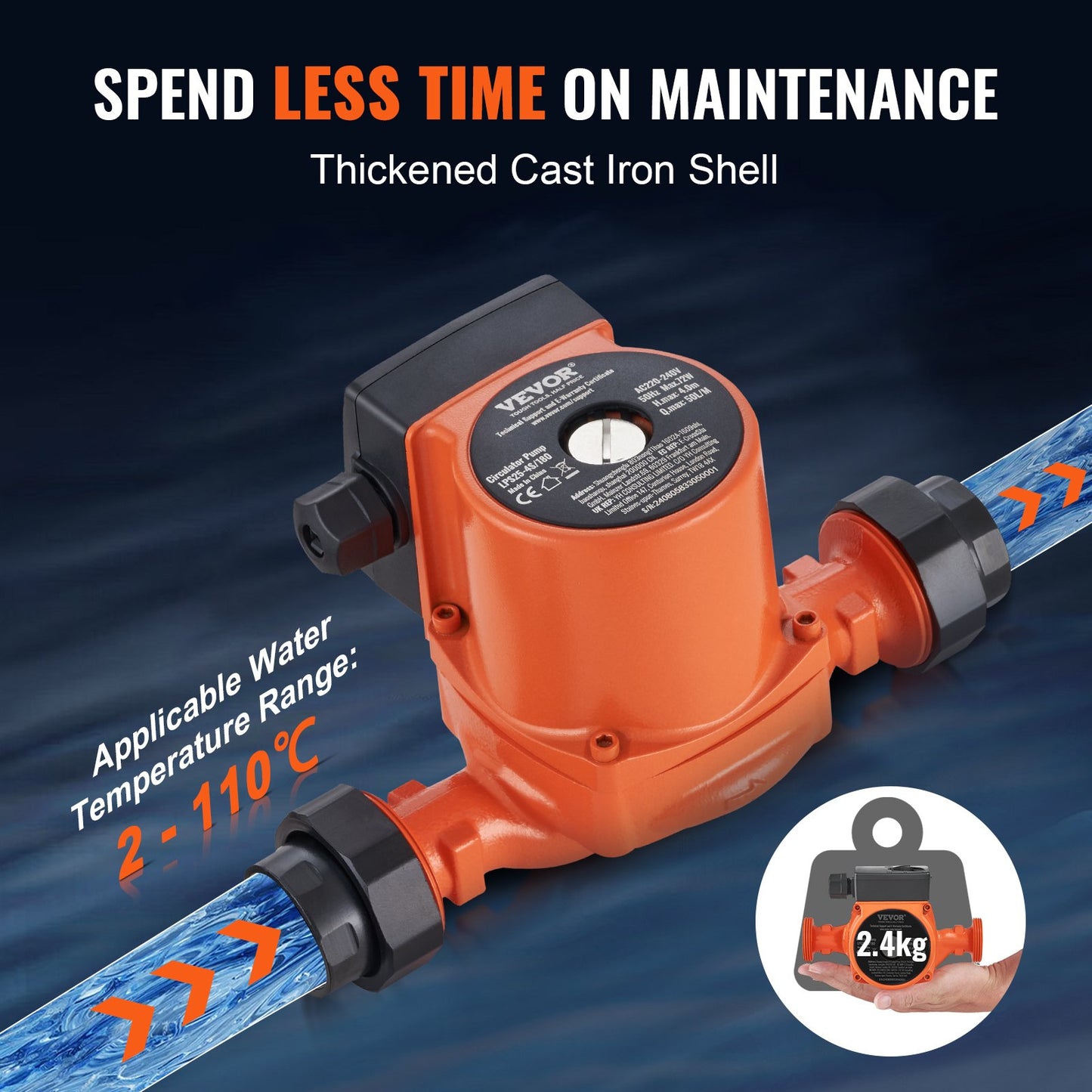 Kurbel-Warmwasser-Umwälzpumpe, Umwälzpumpe aus Gusseisen, 220 V, 72 W, max. Durchfluss 50 l/min, max. Förderhöhe 4 m, 1-1/2-Zoll-Gewindeanschluss, Temperaturbereich von 2 °C bis 110 °C, drei einstellbare Durchflussraten, geräuscharm